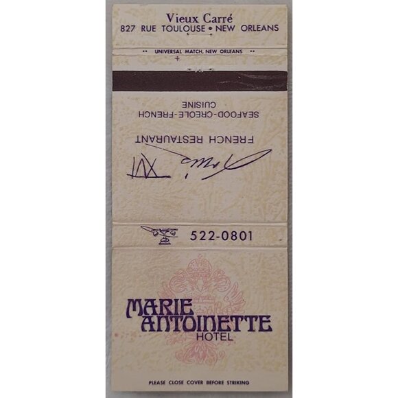 Vtg Matchbook Cover Marie Antoinette Hotel New Orleans Vieux Carre Louis XVI - Picture 1 of 5